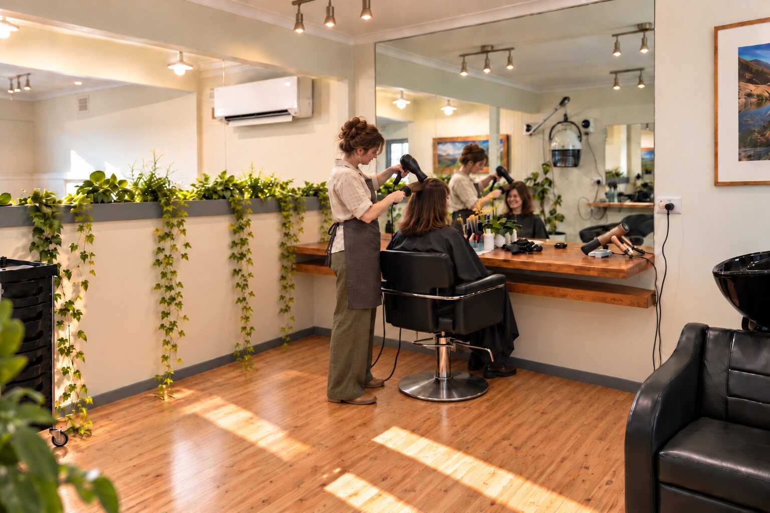 A stylist blow-drying a client’s hair in the warm, plant-filled salon