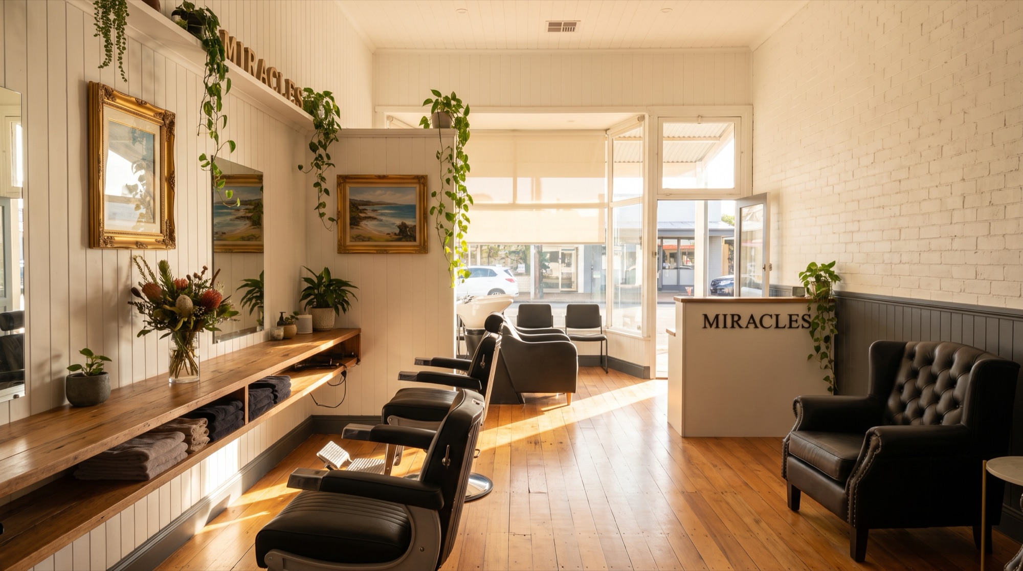Timber styling stations, greenery and natural light inside the salon