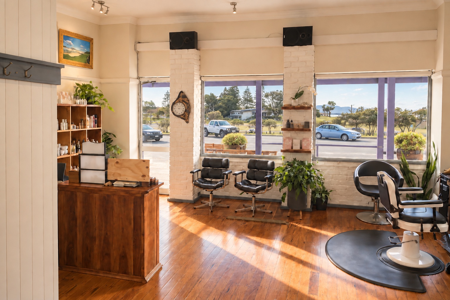 View of the front windows, waiting seats and styling chairs